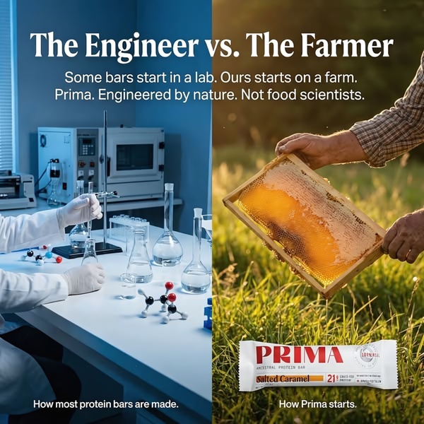A split-screen comparison showing a sterile laboratory environment versus a natural farm setting to emphasize product purity.